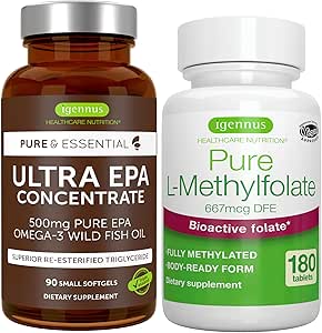 Ultra Pure EPA + Pure Folate 400mcg Bundle, 500 mg Omega-3 EPA Wild Fish Oil + Optimized L-Methylfolate, by Igennus