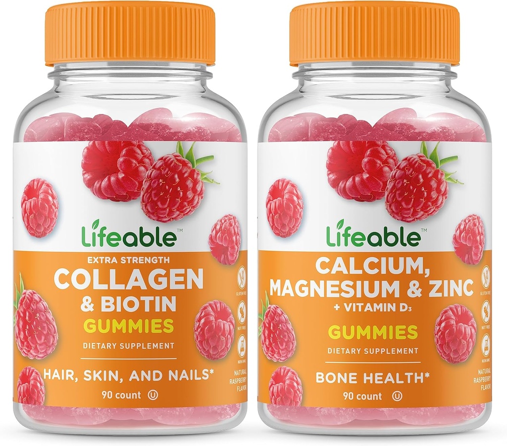 Ζωηρό Κολλαγόνο & Βιοτίνη + Ασβέστιο, Μαγνήσιο, Ψευδάργυρος & Βιταμίνη D, Gummies Bundle - Μεγάλη γεύση, συμπλήρωμα βιταμίνης, Χωρίς γλουτένη, GMO Δωρεάν, Μασώμενα Gummy