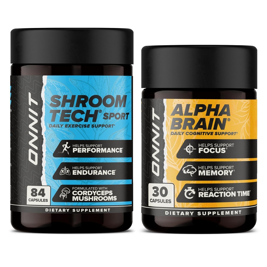 ONNIT Premium Alpha Brain Bundle - Nootropic Brain Supplement (30 Count) για Εστίαση, Συγκέντρωση & Μνήμη + Shroom Tech Sport για Άσκηση, Ενέργεια & Καρδιαγγειακή Απόδοση (84 Count)