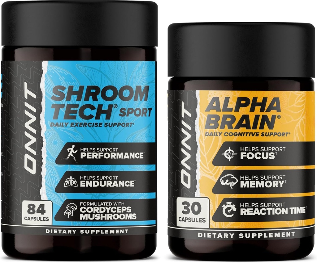 ONNIT Premium Alpha Brain Bundle - Nootropic Brain Supplement (30 Count) για Εστίαση, Συγκέντρωση & Μνήμη + Shroom Tech Sport για Άσκηση, Ενέργεια & Καρδιαγγειακή Απόδοση (84 Count)