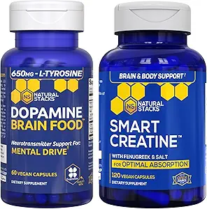 ΦΥΣΙΚΑ ΣΤΑΧΗΜΑΤΑ Dopamine Brain Food + Creatine Monohydrate Bundle - Υποστηρίζει Mentral Drive & Brain Health* - Σύνθετη Φόρμουλα απορρόφησης - 180 κάψουλες