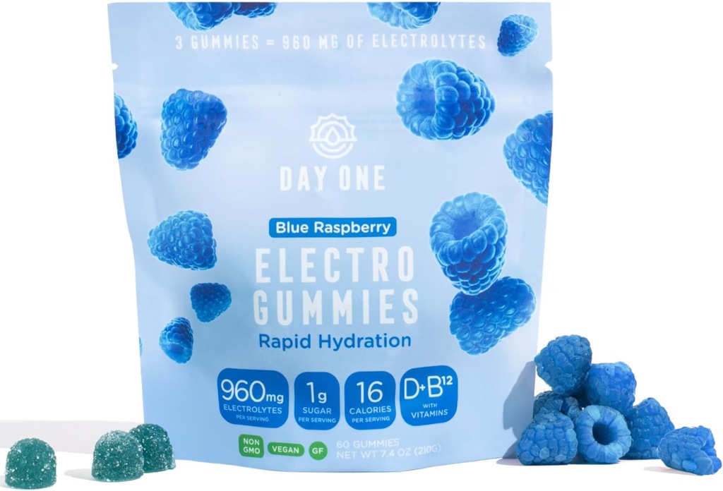 Ημέρα πρώτη ElectroGummys – Ηλεκτρολυτική Ενυδάτωση Gummies – Ιδανική για την ενίσχυση της ενυδάτωσης & της ενέργειας – Συμπλήρωμα για Post & Pre προπόνηση – για άνδρες, γυναίκες, παιδιά – Μπλε Βατόμουρο Γεύση – 60 Gummies