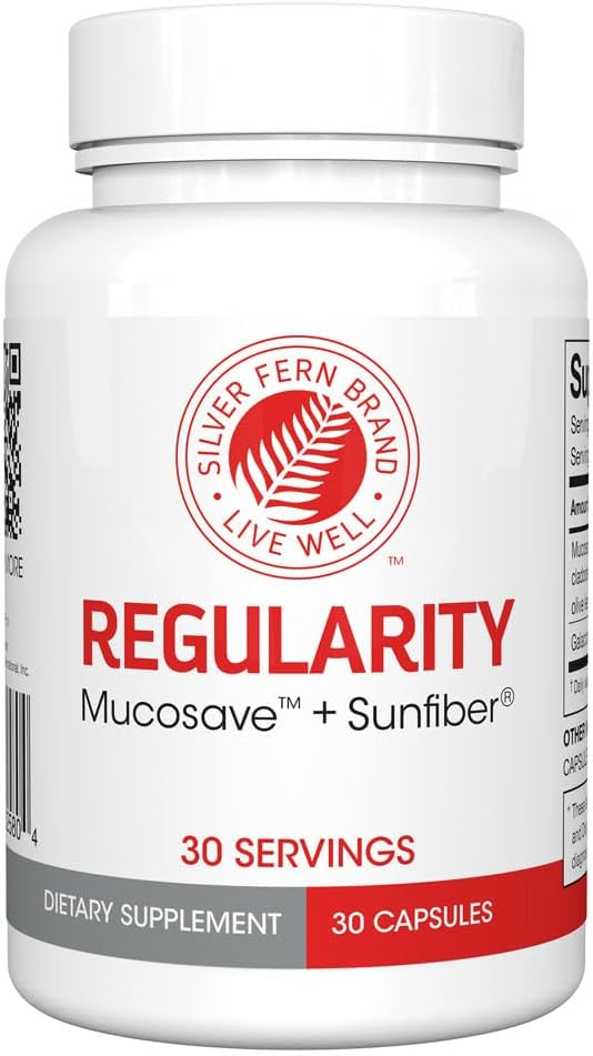 Silver Fern Regularity Digestive Supplement Capsules Brand - 1 φιάλη = 30 κάψουλες = 30 ημέρες προσφοράς - Mucosave FG (Prickly Pear Polyσακχαρίτες & Olive Leaf Polyphenols) & SunFiber