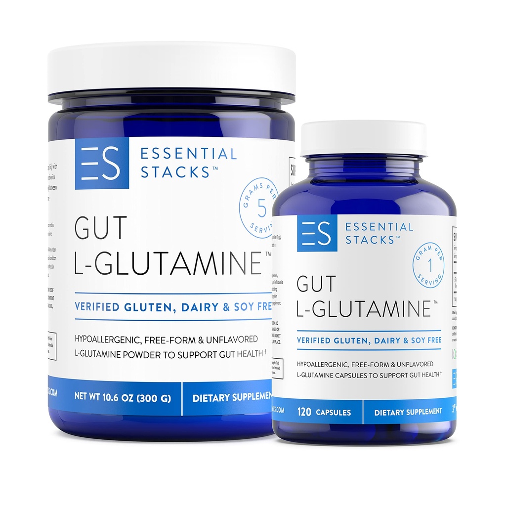 Ουσιώδεις στοιβάδες L-Glutamine Home & Away Bundle - L Γλουταμίνη σκόνη & κάψουλες