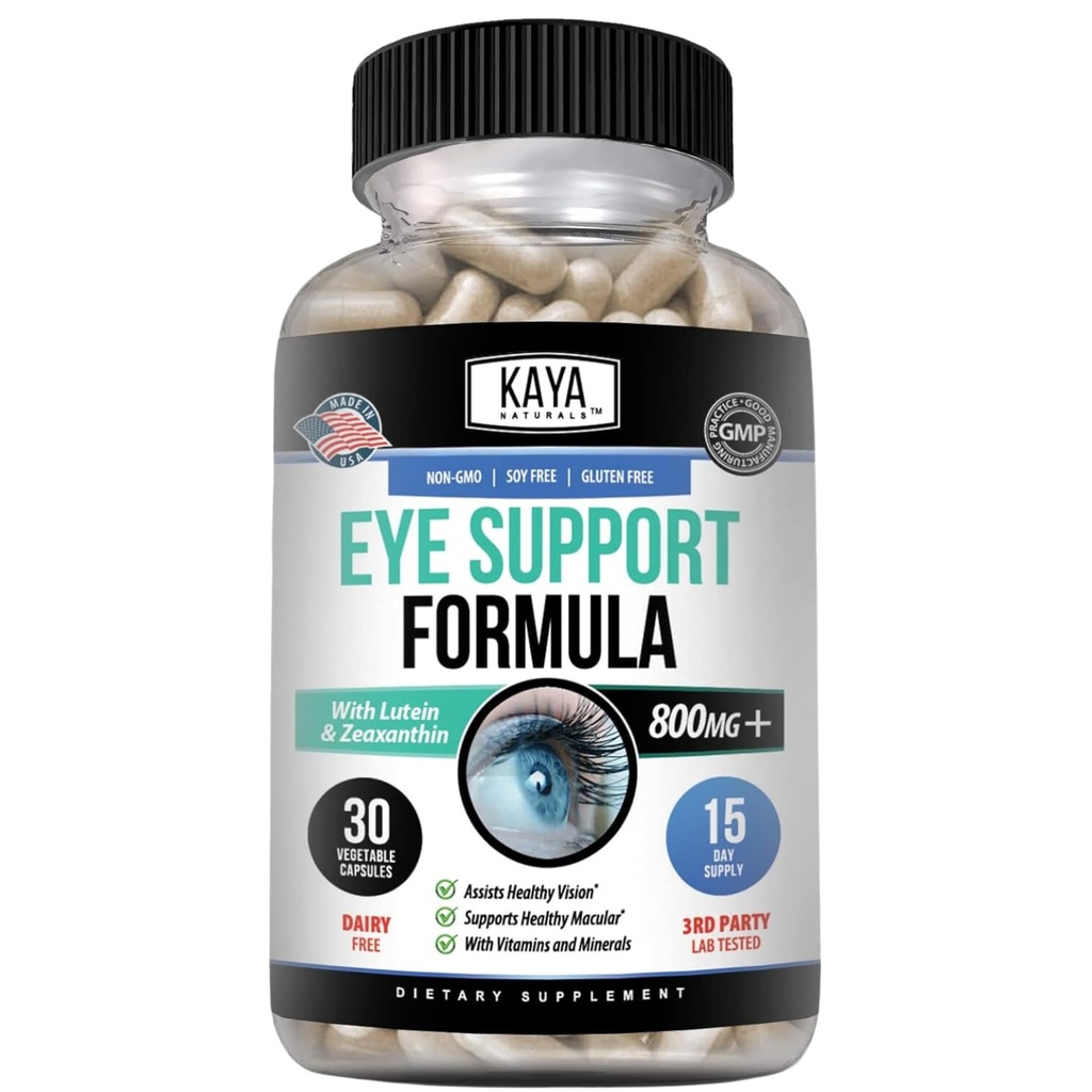 Kaya Naturals Συμπλήρωμα για την υγεία των ματιών, τη λουτεΐνη και τη ζεαξανθίνη, την υγεία της όρασης, την υποστήριξη των ματιών 800 mg συμπλήρωμα βιταμίνης 30 κάψουλες