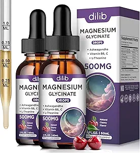 (2 Pack) Magnesium Glycinate Liquid Drops 500mg, with Vitamin B6, Ashwagandha, L - Theanine, Chamomile, Magnesium Glycinate Supplement High Absorption for Sleep, Stress, Energy Mood - Cherry Flavor