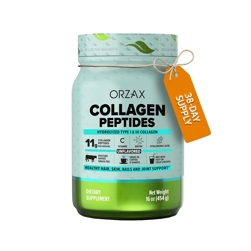 ORZAX Collagen Peptides Peptides Powder - 11 g Collagen Type I & III, Biotin & Hyaluronic Acid, 16 oz (Άγευστη)
