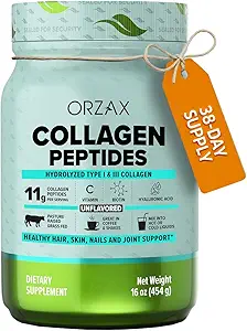 ORZAX Collagen Peptides Powder - 11 g Collagen Type I & III, Biotin & Hyaluronic Acid, 16 oz (Unflavored)