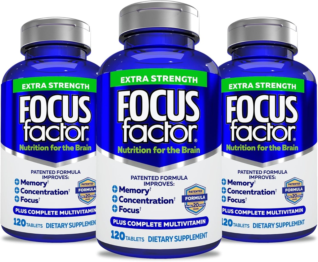 Focus Factor Adults Extra Strength, 120 Count- Brain Supplement for Memory, Focus- DMAE, Vitamin D, DHA- Brain Health Supplement – Trusted Formula- Brain Vitamins, Focus Pills (3 Pack)