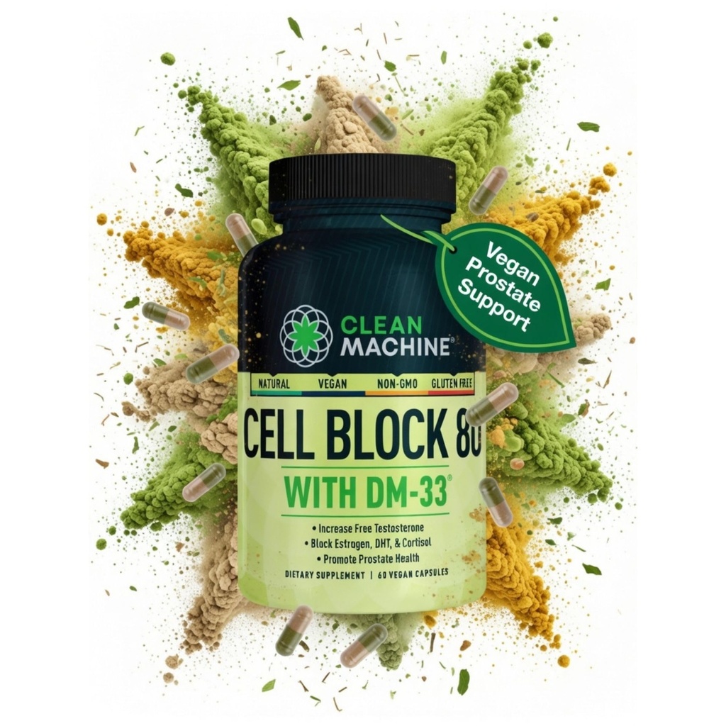 CLEAN MACHINE Cell Block 80 - Φυσικό συμπλήρωμα υποστήριξης τεστοστερόνης Vegan, οιστρογόνο, DHT & Cortisol Blocker - συμπλήρωμα υγείας προστάτη με KSM-66 Ashwagandha - 60 καπάκια Veggie