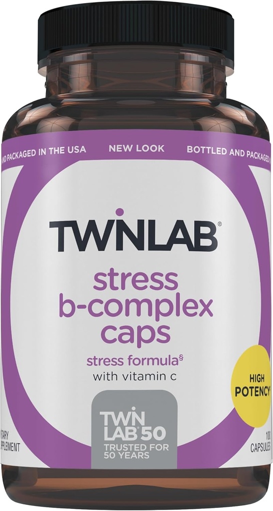Twinlab Stress B-Complex Caps - Πλήρης B-Complex & 1000 mg Βιταμίνη C - Συμπλήρωμα Ενεργειακής Υποστήριξης με Βιταμίνη B12 και B6-100 Κάψουλες