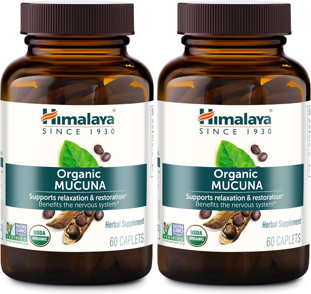 Himalaya Organic Mucuna Herbal Supplement, υποστηρίζει χαλάρωση, ανακούφιση έντασης, λειτουργία εγκεφάλου, μη GMO, USDA Organic, Vegan, Gluten Free, 600 mg, 60 Plant-Caplets, 2 Pack, 120 Day Supply