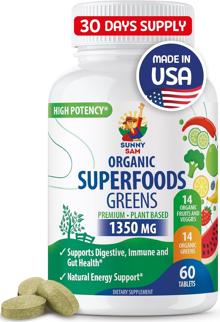 SUNNY SAM Super Food Green Supplements for Adults - 60 Tablets - Organic Super Greens with Real Fruits, Vegetables, and Herbs for Natural Digestive and Energy Support