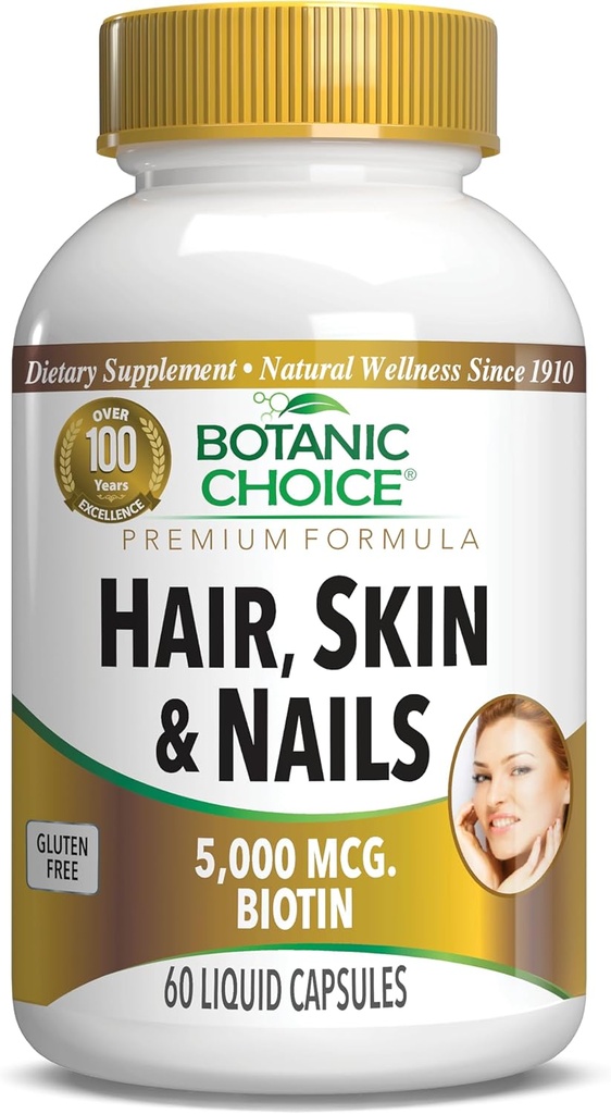 Botanic Choice Hair Skin and Nails Vitamins - Συμπλήρωμα βιοτίνης με κολλαγόνο, Βιταμίνη C, & Σιδήρου - Super Antioxidant Blend με Argan Oil & Hyaluronic Acid - 60 Υγρές κάψουλες