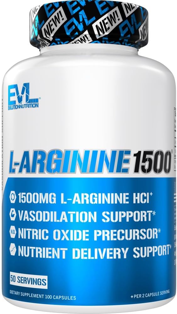 Evlution Nutrition Nitric Oxide Booster L-Arginine Supplement - High Potency Nitric Oxide Supplement with 1500mg of L Arginine HCL for Enhanced Pumps Energy Muscle Growth and Vascularity NO Booster