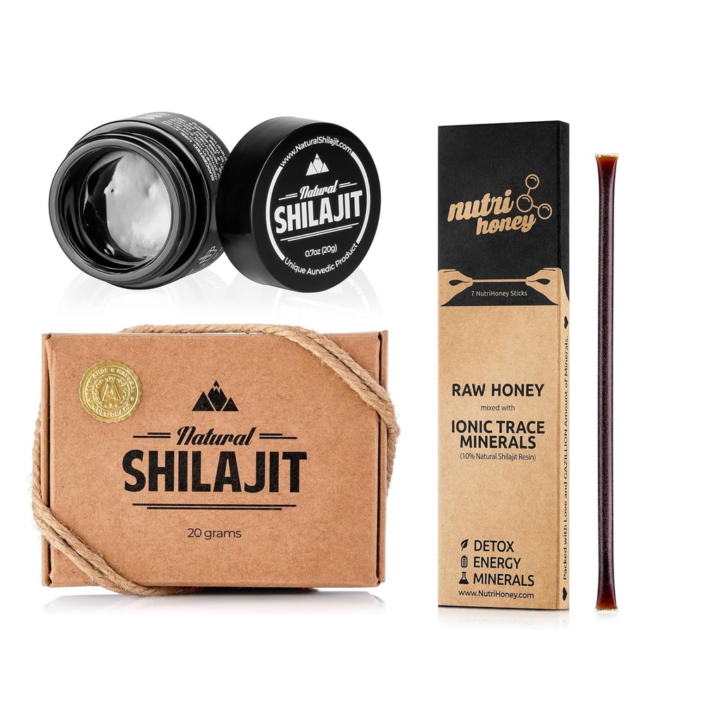 NATURAL SHILAJIT Resin - 20 Gram Shilajit Συμπλήρωμα με Fulvic Acid & Trace Minerals & Shilajit Honey Sticks 7 Count
