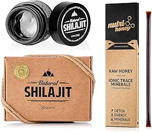 NATURAL SHILAJIT Resin - 20 Gram Shilajit Συμπλήρωμα με Fulvic Acid & Trace Minerals & Shilajit Honey Sticks 7 Count