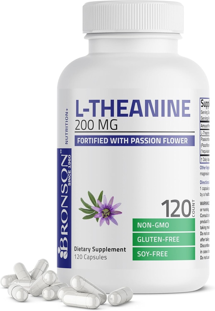 Bronson L-Theanine 200mg (διπλής έντασης) με βότανα λουλουδιών πάθους, χωρίς γλουτένη GMO χωρίς σόγια συμπλήρωμα διαχείρισης στρες, 120 κάψουλες