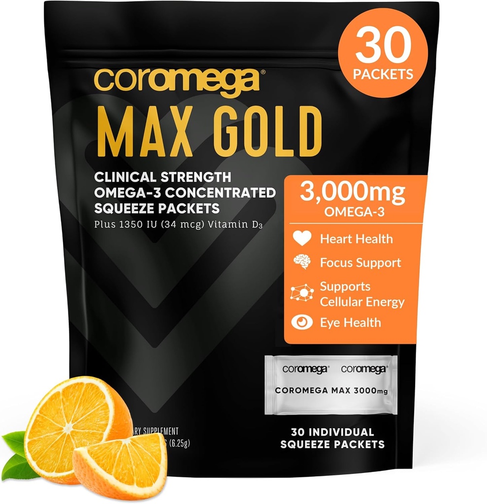 Coromega MAX Gold 3000mg Ωμέγα-3 Fish Oil + Βιταμίνη D Squeeze Packets, Wild-Caught, Δεν Fishy Γεύση - 3X Καλύτερη Απορρόφηση από Softgels, Υποστηρίζει την υγεία του εγκεφάλου & της καρδιάς (30 εξυπηρετούν, Πορτοκαλί Γεύση)