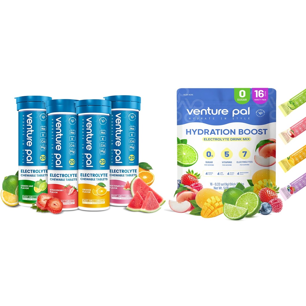 Venture Pal Ζάχαρη Δωρεάν Ηλεκτρολυτές Powder Packets & Μασώμενα Ηλεκτρολυτικά Δισκία Fast-Melt, Sport Ηλεκτρολύτης για το τρέξιμο Ποδηλασία Αθλητική Διατροφή