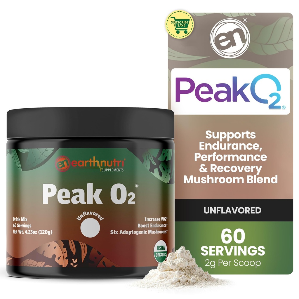 EarthNutri PeakO2 Workout Supplement - Mushroom Supplement for Pre Workout Endurance & Athletic Performance – No Additives, No Fillers – Supports Stamina, Strength & Recovery - 60 Servings