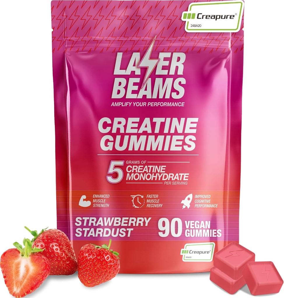 Creatine Monohydrate Gummies - 5g Creapure Creatine per Serving - Vegan - Boost Muscle Strength, Endurance, Recovery & Mental Focus - 90 Gummies, Gluten-Free (Strawberry)
