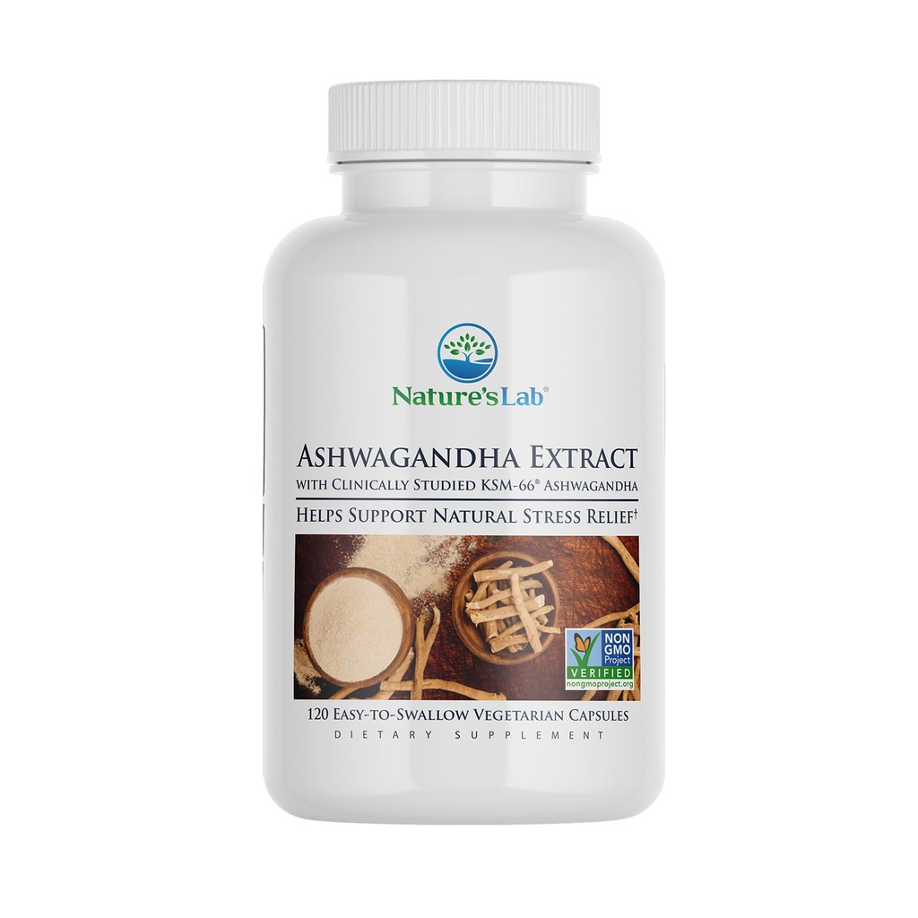 Nature's Lab Extra Strength Ashwagandha KSM 66 Extract - 5% Withanolides, Pure Organic Ashwagandha Root Powder - Υποστηρίζει την ανακούφιση από το στρες, την εστίαση και τη δύναμη Υποστήριξη* - 120 Ct (60 Ημέρα προσφοράς)