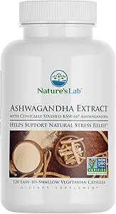 Nature's Lab Extra Strength Ashwagandha KSM 66 Extract - 5% Withanolides, Pure Organic Ashwagandha Root Powder - Supports Stress Relief, Focus and Strength Support* - 120 Ct (60 Day Supply)