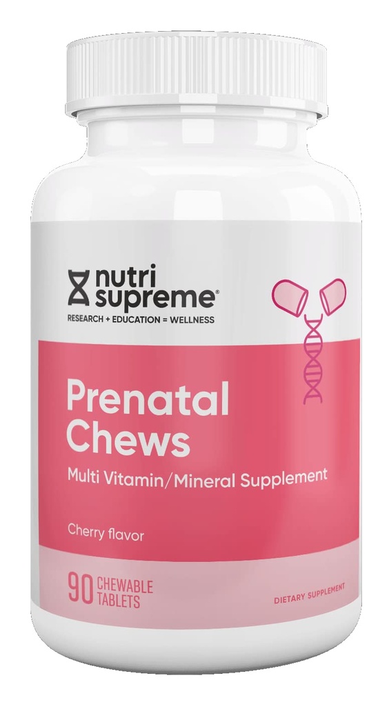 Nutri Supreme Προγεννητική Βιταμίνη, Μασώμενες Προγεννητικές Βιταμίνες για γυναίκες με 800 MCG Folate, Πλήρης Εγκυμοσύνη Πολυβιταμίνη με σίδηρο, Kosher, Cherry Flavor, 90 Count