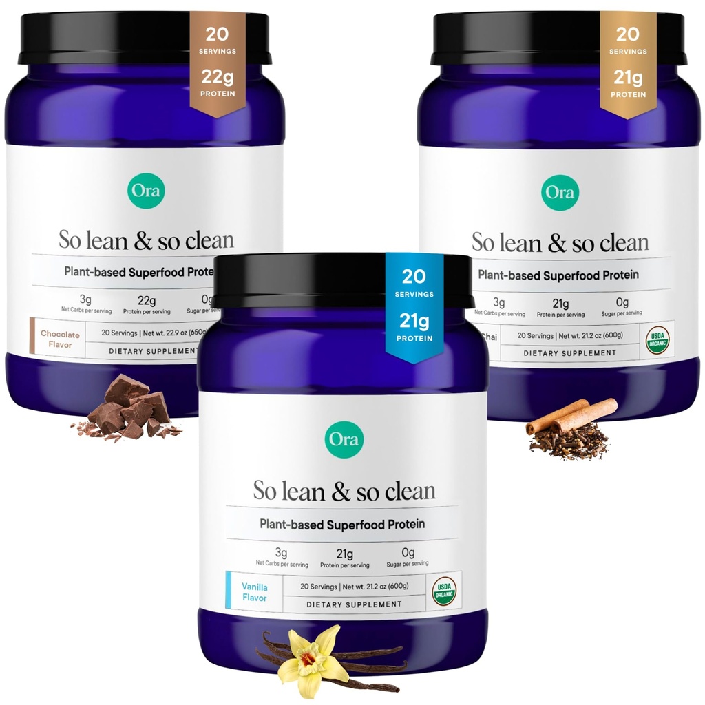 Organic Protein Powder Vanilla, Chocolate & Vanilla Chai Bundle: 21g Plant Based, Vanilla, Vanilla Chai, 20 μερίδες + 22g Plant Based, Σοκολάτα, 20 μερίδες