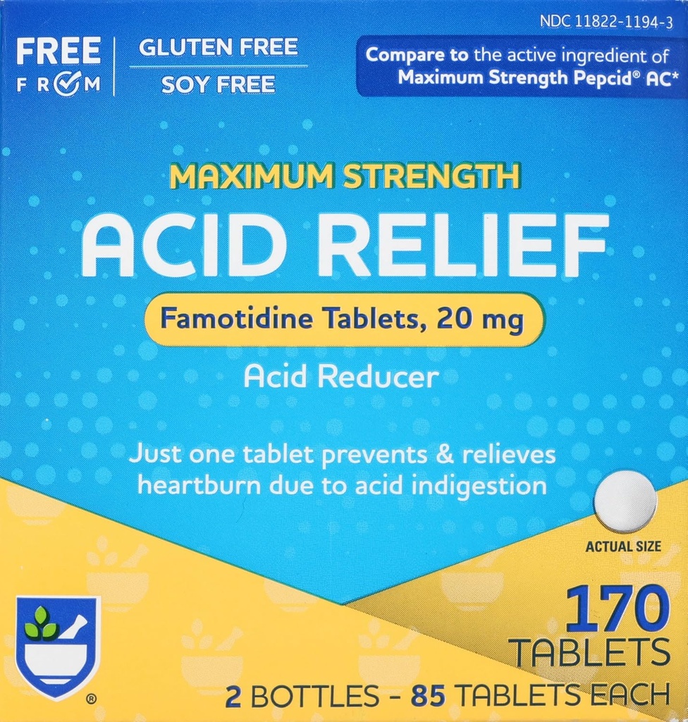 Rite Aid Acid Reducer, Maximum Strength Famotidine Tablets, 20 mg - 2 Bottles, 85 Count Each (170 Count Total) 