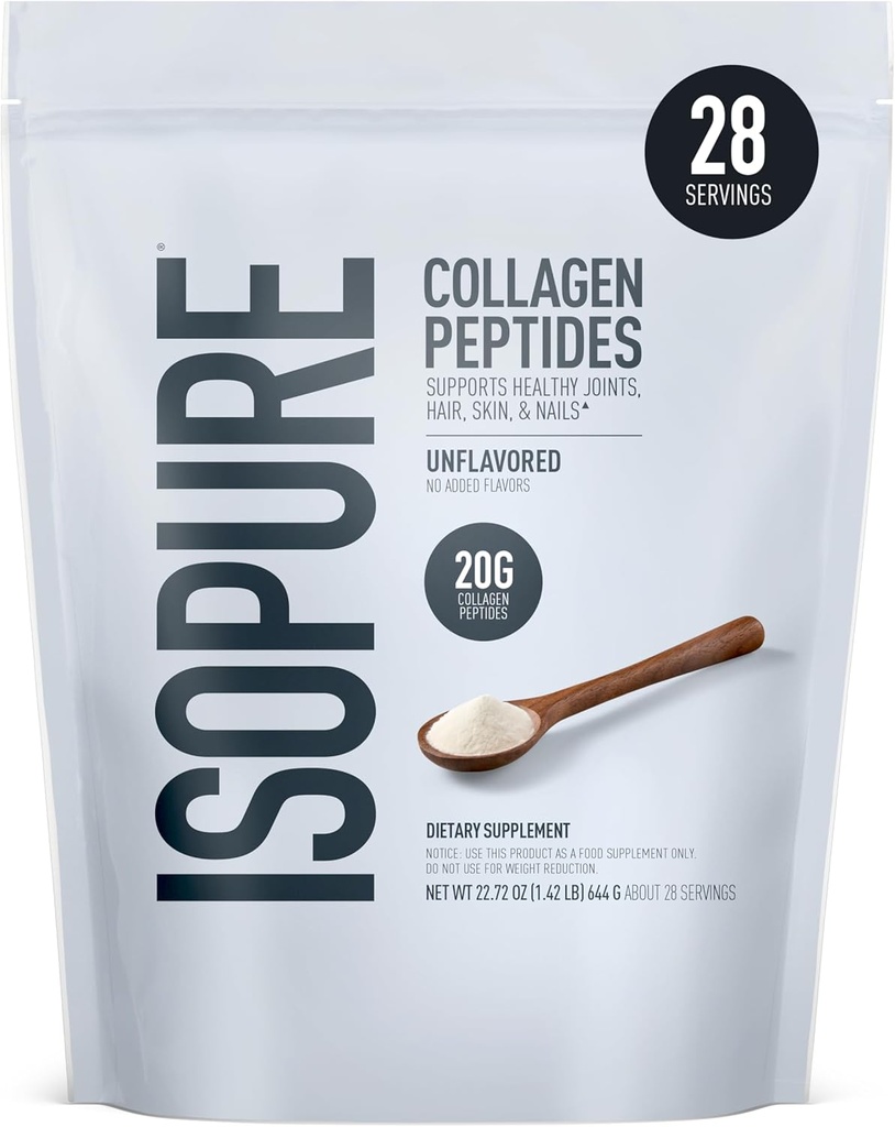 Isopure Collagen Peptides Peptides Powder, προάγει την υγεία των μαλλιών, των νυχιών, του δέρματος και των αρθρώσεων, με βιταμίνη C και βιοτίνη, Unflavored, 20g Collagen Peptides Per Serving, 1.42 Lb, 28 υπηρεσίες (Packaging May Vary)