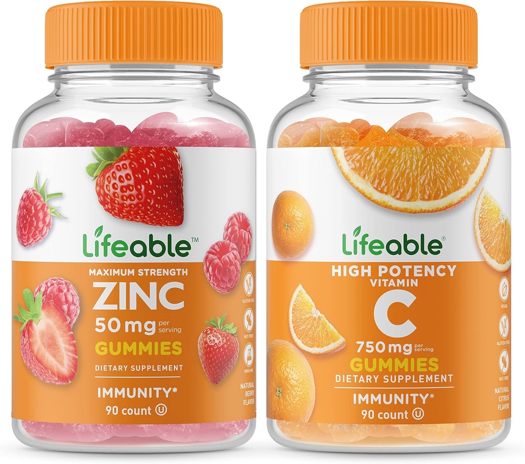 Ζωοποιήσιμος ψευδάργυρος 50mg + βιταμίνη C 750mg, Gummies Bundle - Μεγάλη γεύση, συμπλήρωμα βιταμίνης, χωρίς γλουτένη, χωρίς ΓΤΟ, Μασώμενη Gummy