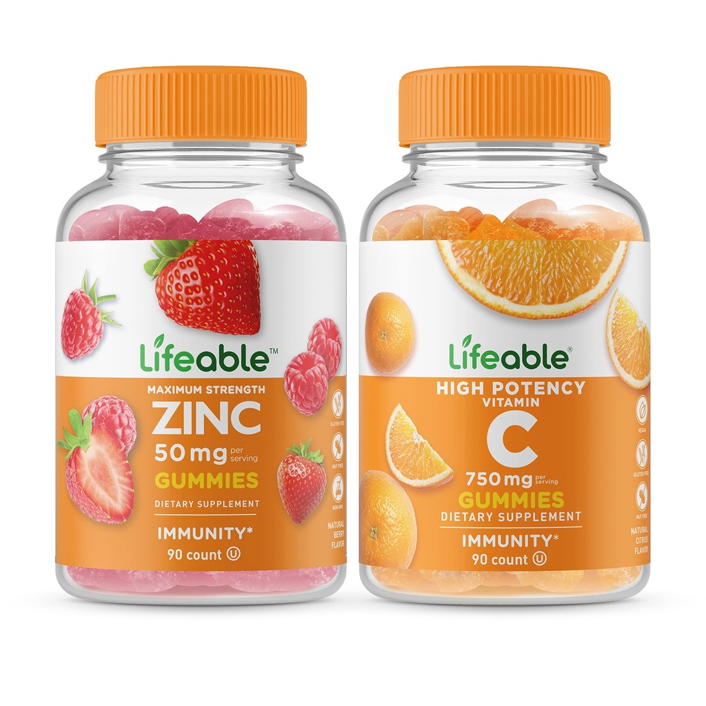 Ζωοποιήσιμος ψευδάργυρος 50mg + βιταμίνη C 750mg, Gummies Bundle - Μεγάλη γεύση, συμπλήρωμα βιταμίνης, χωρίς γλουτένη, χωρίς ΓΤΟ, Μασώμενη Gummy