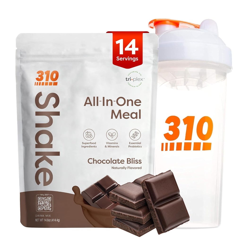 310 Nutrition All-in-One Meal Replacement Shake Powder w/Shaker Cup Starter Kit - Υψηλή πρωτεΐνη Ίνες Πλούσια Vegan Superfood Blend - Χωρίς ζάχαρη, Κέτο & Παλαιό Φιλικό, Χαμηλό Καρβίδιο - Σοκολάτα Bliss 14 srv