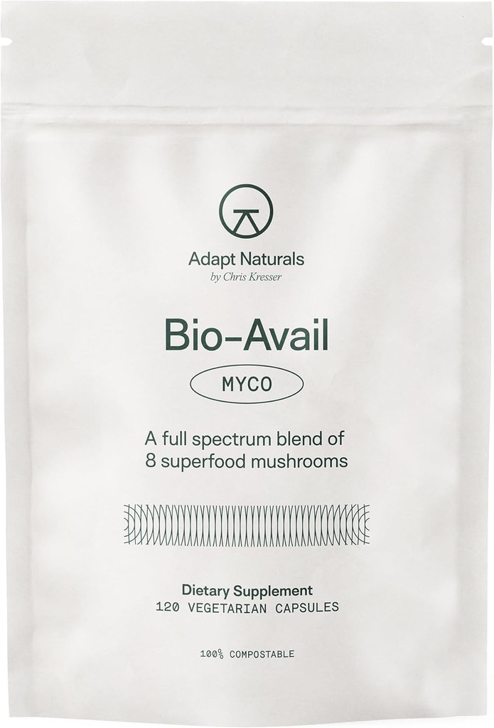 Adapt Naturals Bio-Avail Myco - 8-in-1 Bioavailable Mushroom Supplement Mushroom Complex - Chaga, Cordyceps, Reishi, Lions Mane - Blood Pressure, Memory, Immune - 120 Capsules