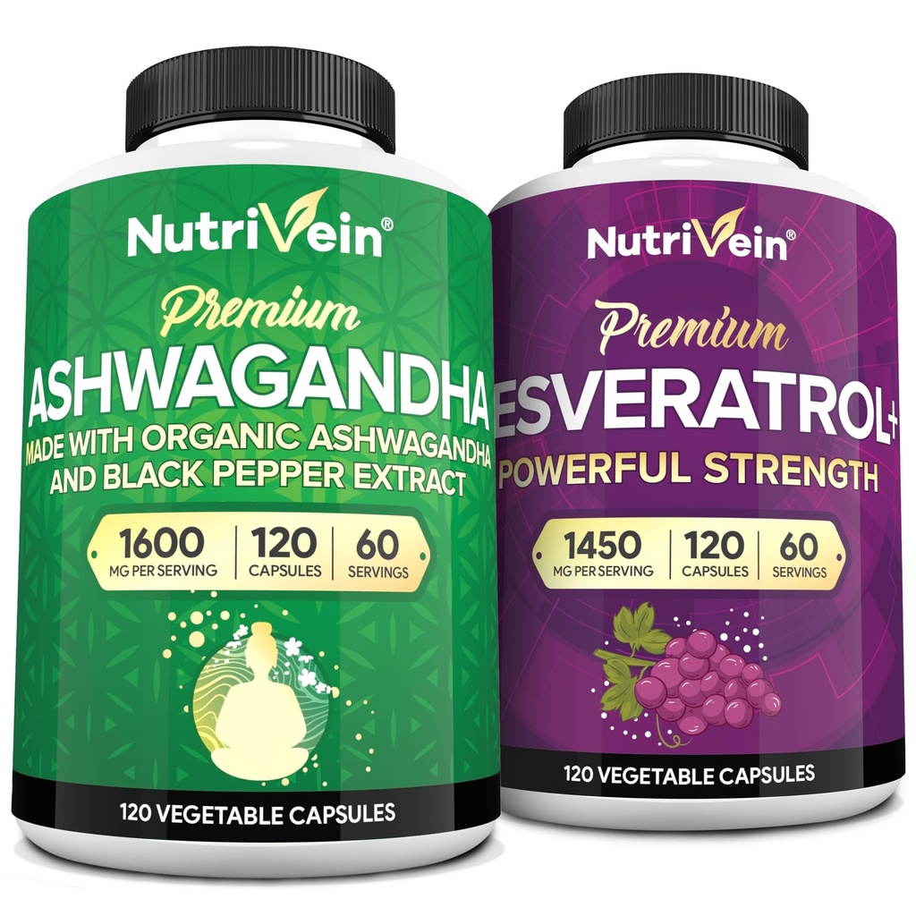 Nutrivein Premium κάψουλες Ashwagandha & Resveratrol συμπλήρωμα Bundle: Υψηλής απορρόφησης κάψουλες ρεσβερατρόλη και Ashwagandha συμπληρώματα για ισορροπία, ζωτικότητα, & επισκευή