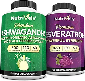 Nutrivein Premium κάψουλες Ashwagandha & Resveratrol συμπλήρωμα Bundle: Υψηλής απορρόφησης κάψουλες ρεσβερατρόλη και Ashwagandha συμπληρώματα για ισορροπία, ζωτικότητα, & επισκευή