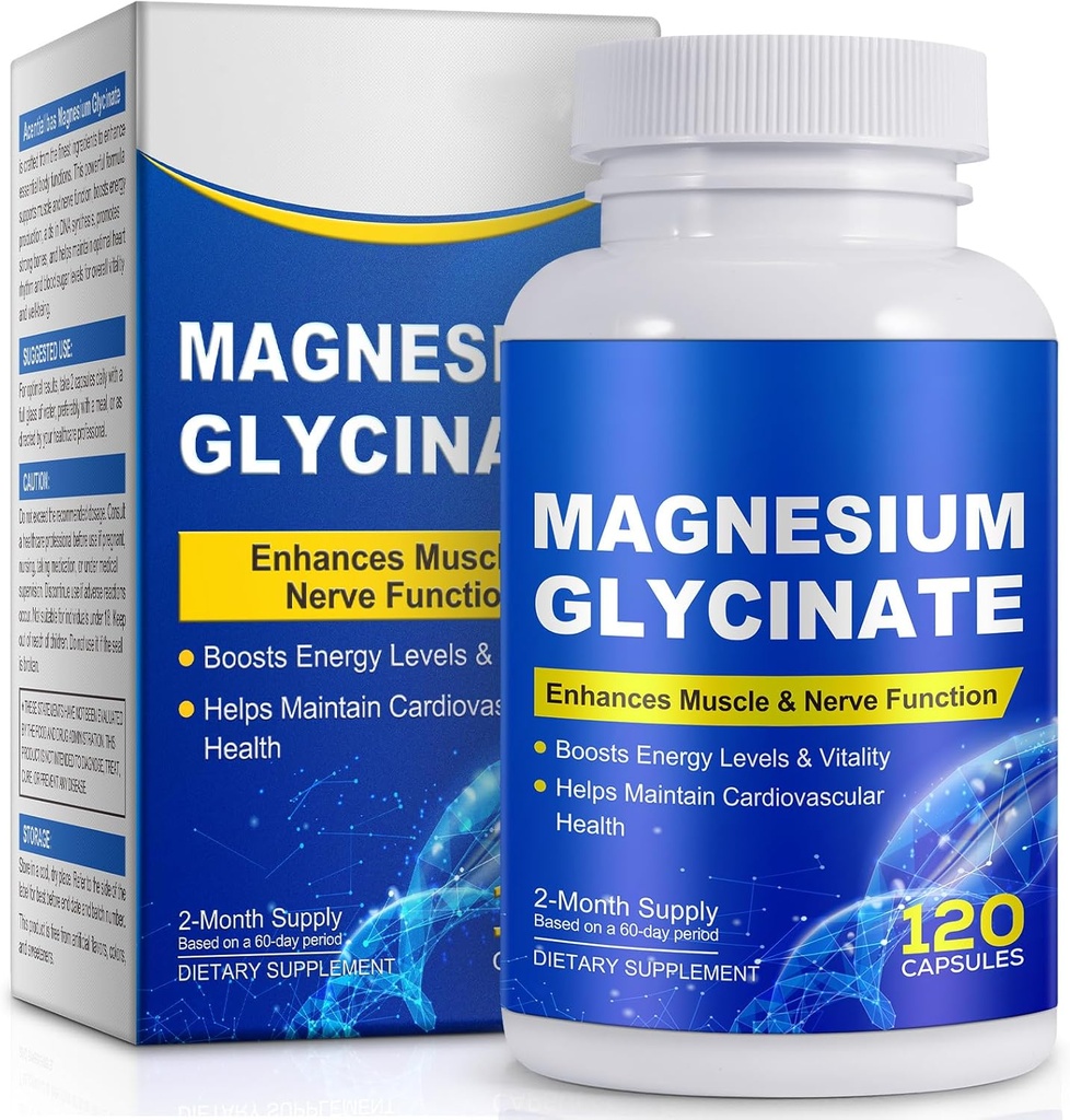 Magnesium Glycinate for Sleep, Mood, Brain, High Absorption 120 Capslues Supplement, Elemental Magnesium with 100mg Calcium - Highly Bioavailable - with Vitamin D3 & K2