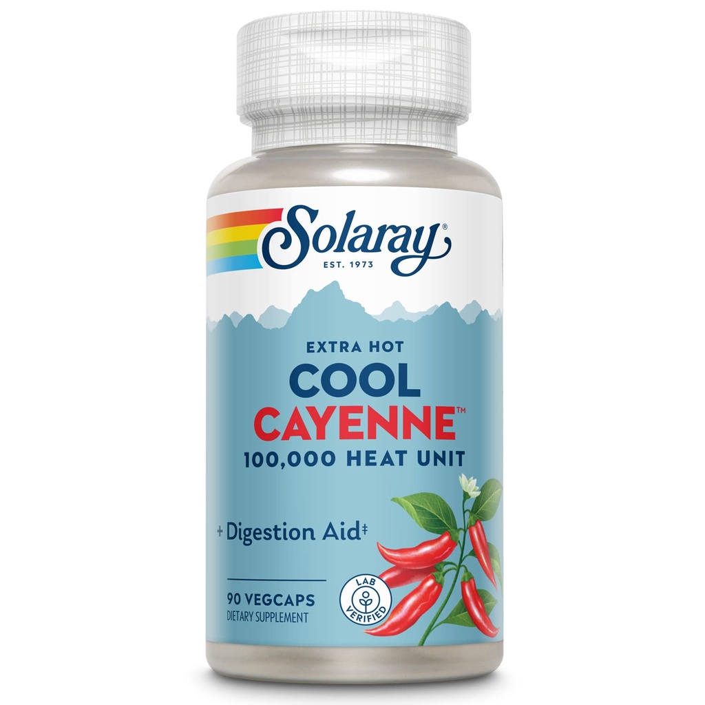 SOLARAY Extra Hot Cool Cayenne 100.000 HU - Παραδοσιακή Λαϊκή Βοήθεια Αναπνευστικής και Διέγερσης - Bio-Cool Process - Lab Επαληθευμένο, GMP Facility, 60-Day Εγγύηση - 45 εξυπηρετήσεις, 90 VegCaps