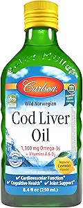 Carlson - Cod Liver Oil, 1100 mg Omega-3s, Συμπλήρωμα Υγρού ιχθυελαίου, Wild-Caught Norwegian Arctic, Sustainablely Soured Nordic Liquid, Lemon, 250 ml
