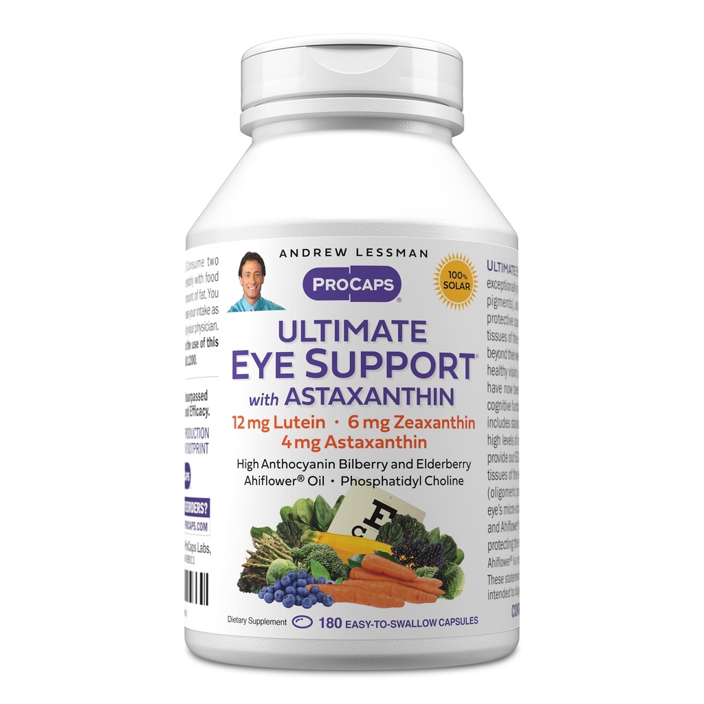 ANDREW LESSMAN Ultimate Eye Support with Astaxanthin 180 Softgels - 12mg Lutein, 6mg Zeaxanthin, 4mg Astaxanthin, Bilberry. Βασικά θρεπτικά συστατικά για την υποστήριξη της υγείας των ματιών, την προώθηση της υγιούς όρασης. Χωρίς πρόσθετα