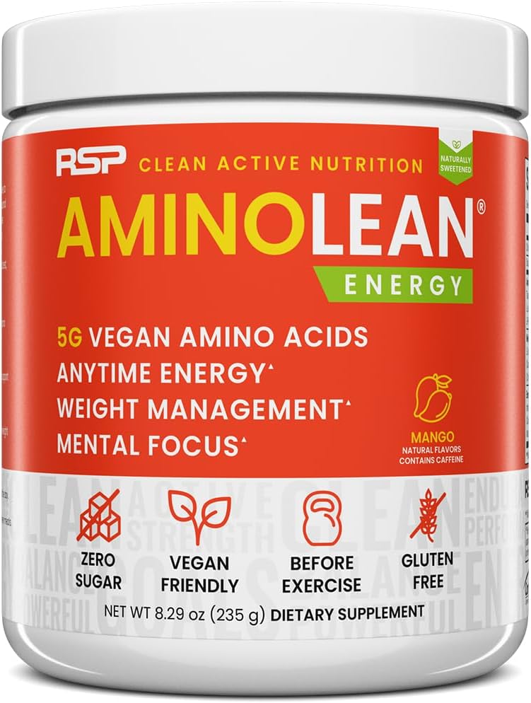 RSP NUTRITION AminoLean Φυσική προ προπόνηση σε σκόνη, Sucralose Free Amino Ενέργεια χωρίς τεχνητές βαφές, Vegan BCAAs και διαχείριση βάρους, Mango, 25 Serv