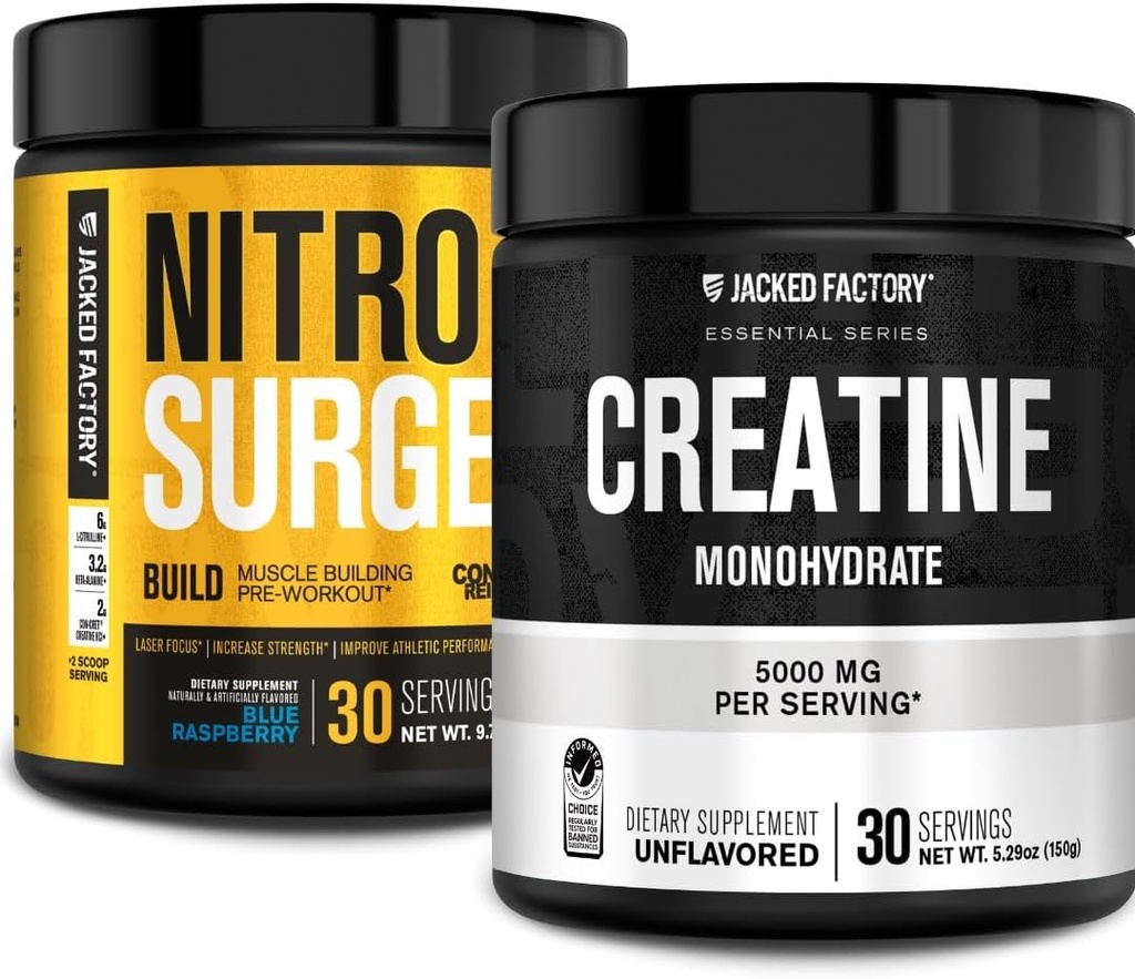 Jacked Factory Nitrosurge Build Pre Workout with Creatine for Muscle Building (30 services, Blue Raspberry) & Creatine Monohydrate Powder for Muscle Growth & Recovery (30 Services, Unflaved)