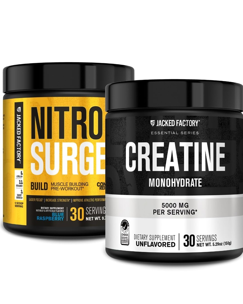 Jacked Factory Nitrosurge Build Pre Workout with Creatine for Muscle Building (30 Servings, Blue Raspberry) & Creatine Monohydrate Powder for Muscle Growth & Recovery (30 Servings, Unflavored)