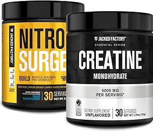 Jacked Factory Nitrosurge Build Pre Workout with Creatine for Muscle Building (30 services, Blue Raspberry) & Creatine Monohydrate Powder for Muscle Growth & Recovery (30 Services, Unflaved)