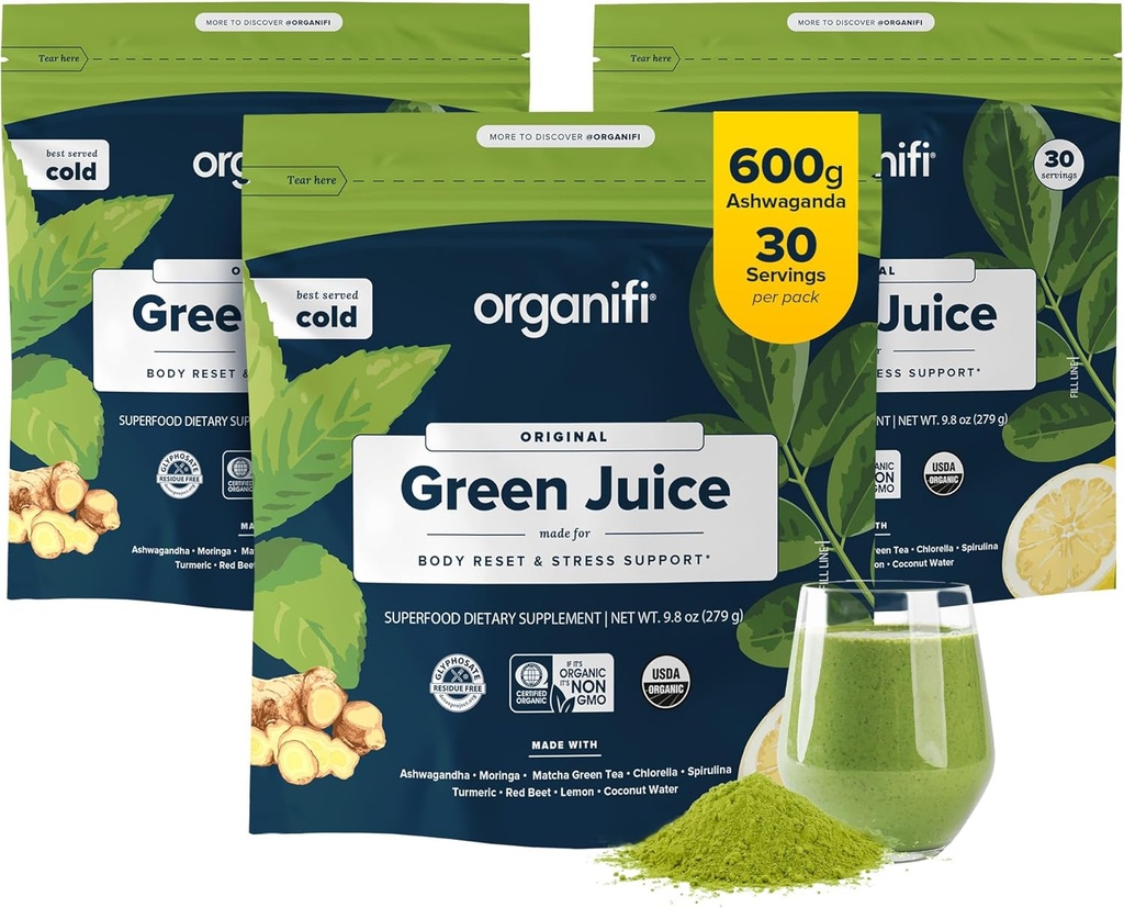 Organifi Green Juice - Βιολογικά Superfood Powder - 90-Day Supply - Βιολογικό Vegan Greens - Βοηθά στη μείωση της κορτιζόλης - Παρέχει καλύτερη απάντηση στο άγχος - Υποστηρίζει τον έλεγχο του βάρους - Συνολική ευεξία του σώματος