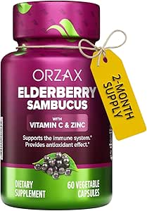 ORZAX Capses Elderberry - Ανοσοποιητικό συμπλήρωμα υποστήριξης με Elderberry Vitamin C και ψευδάργυρο - Αντιοξειδωτικά συμπλήρωμα για γυναίκες και άνδρες (60 κάψουλες λαχανικών)