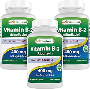 Best Naturals Βιταμίνη Β2 (Riboflavin) 400mg - Ημικρανία Ανακούφιση - Κάψουλες Veggie - Konezyme Precursor - 120 Count (120 Count (Pack of 3))