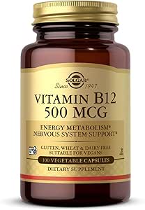 Solgar Vitamin B12 500 mcg - 100 κάψουλες λαχανικών - Ενέργεια Μεταβολισμός & Υποστήριξη νευρικού συστήματος - Μη ΓΤΟ, Vegan, Γλουτένη & Γαλακτοκομικά, Kosher, Hanal - 100 Σερβιέτες